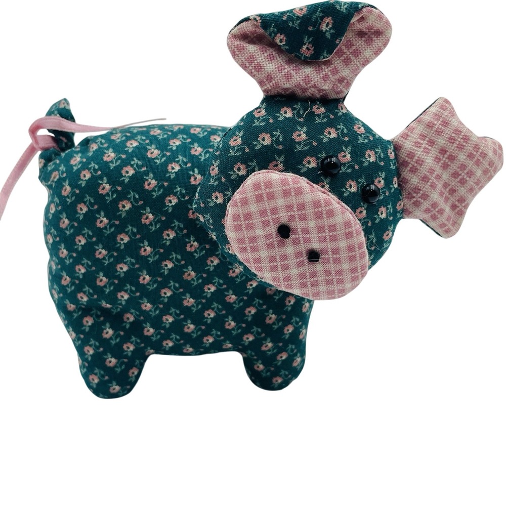 Handmade Floral Gingham Plush Pig Pin Holder Teal Pink Farmhouse Decor 5 Inch
